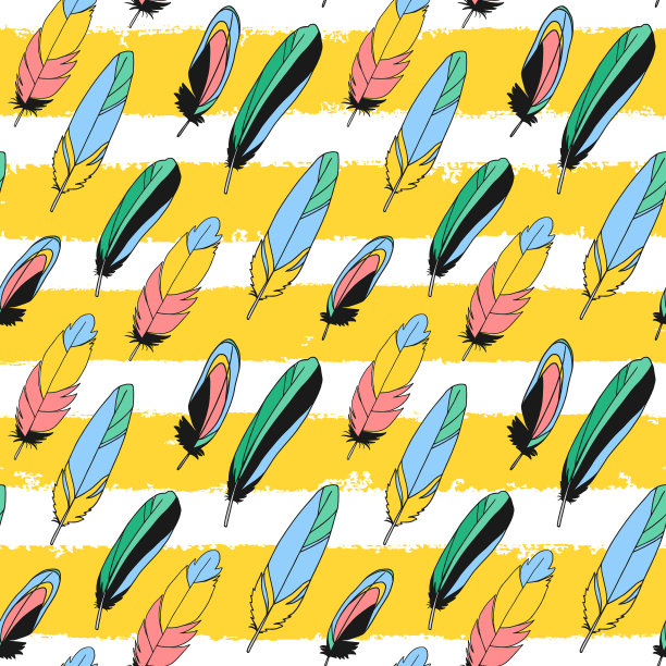 矢量鸟羽毛背景。夏季异域羽毛可爱无缝图案，插图，包裹，纺织品图片下载
