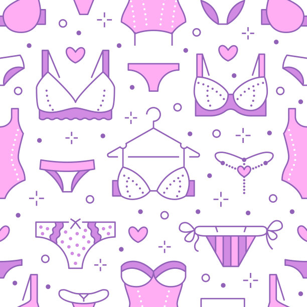 内衣无缝模式与平线图标的胸罩类型，内裤。女人内衣背景，矢量插图胸罩，比基尼，泳装。可爱的粉白色壁纸，为服装店图片下载