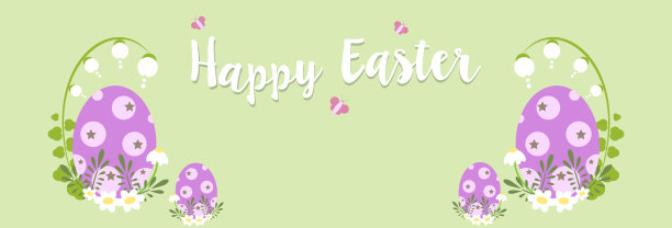 快乐的复活节旗帜与鸡蛋和花在绿色的背景-矢量插图图片下载