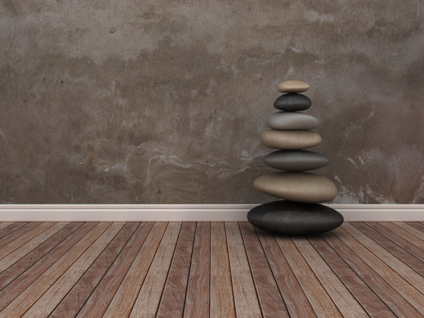 石头平衡在木地板- 3D渲染图片下载