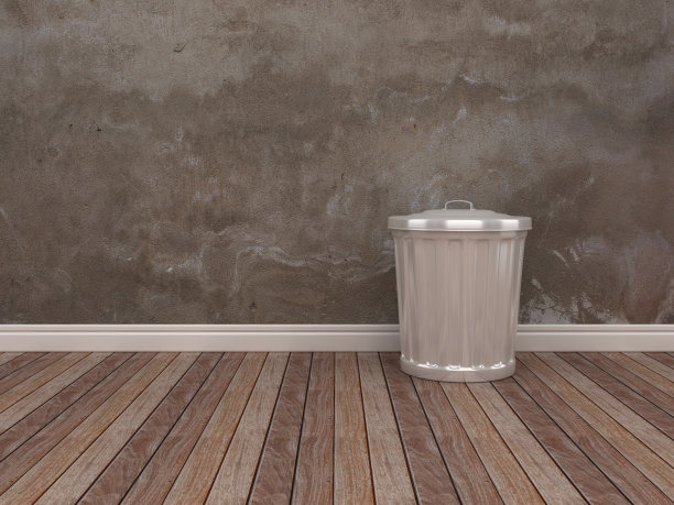 垃圾桶在木地板- 3D渲染图片下载