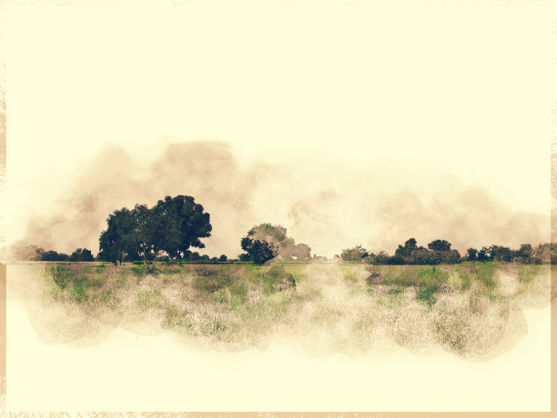 以泰国抽象的树木和田野景观为背景的水彩画插画。图片下载