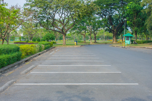 一排排的空地停车场在公共公园与绿色的树的背景。图片下载