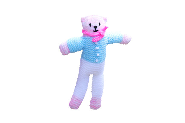 针织泰迪熊与粉色围巾孤立在白色背景，手工图片下载