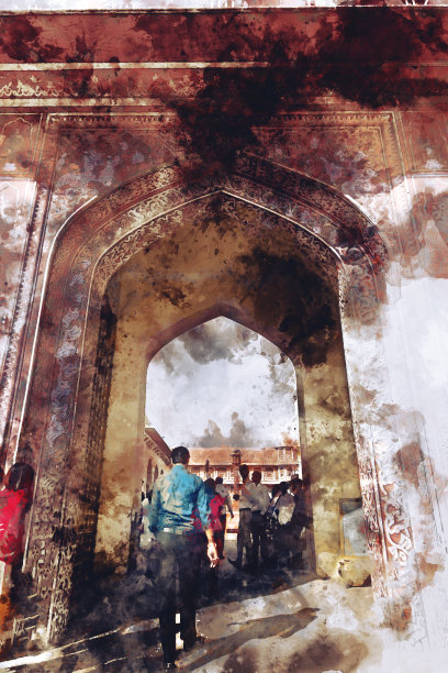 暖色调老宫门抽象画，数字水彩画图片下载