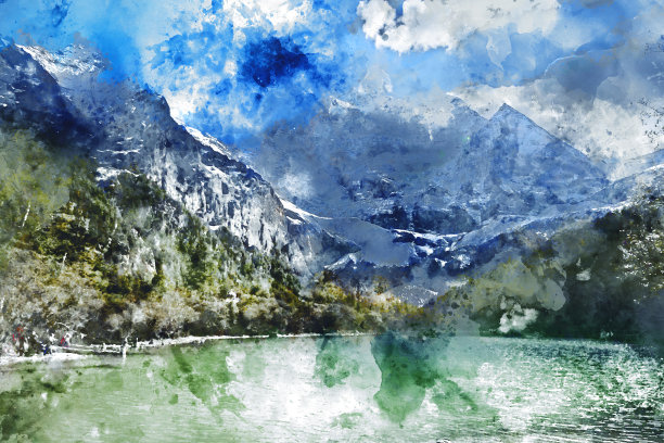 蓝色调山峰抽象画，数字水彩画图片下载