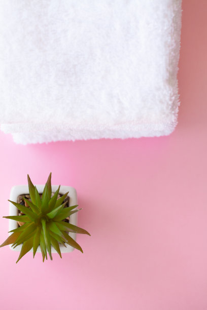 水疗中心。卷白色身体毛巾在粉红色的背景。毛巾的概念。酒店和按摩院照片。纯洁和温柔。毛巾织物。图片下载