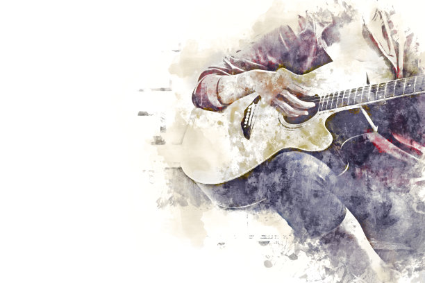 特写妇女在水彩插图画背景上弹奏吉他行走在街道上。图片下载