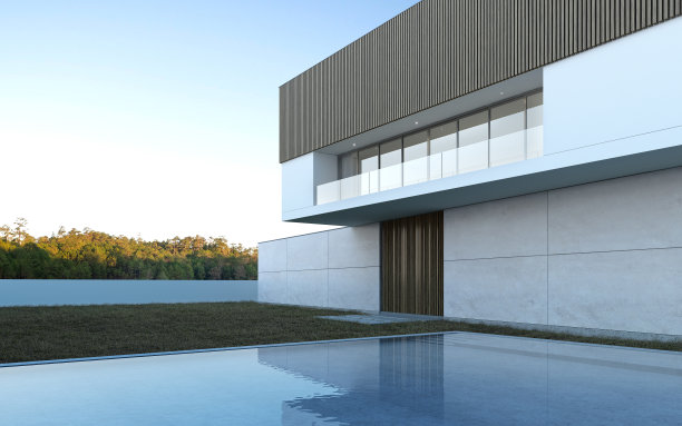 白天有游泳池和草坪庭院的豪华现代住宅的视角，简约的建筑设计理念。三维渲染图片下载