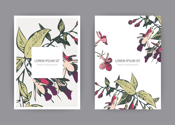 手绘紫红色花朵和叶子，淡色复古乡村主题植物婚礼邀请卡模板设计图片下载