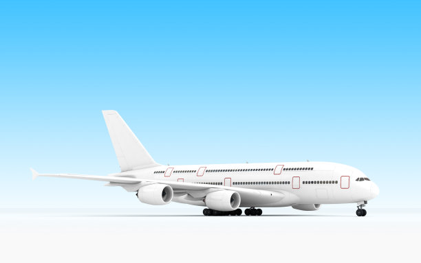 一架准备起飞的白色空客A380飞机被隔离在蓝色背景上。右侧视图。3 d演示。图片下载