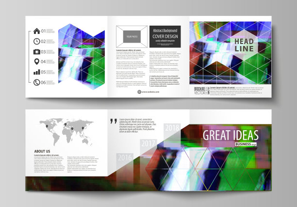 三折方形设计手册的业务模板。传单封面，抽象矢量布局。Glitched背景制成的彩色像素马赛克。数字衰减，信号错误，电视故障。图片下载