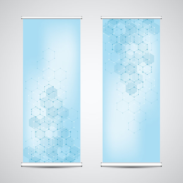卷旗站与抽象的几何背景六边形图案。图片下载