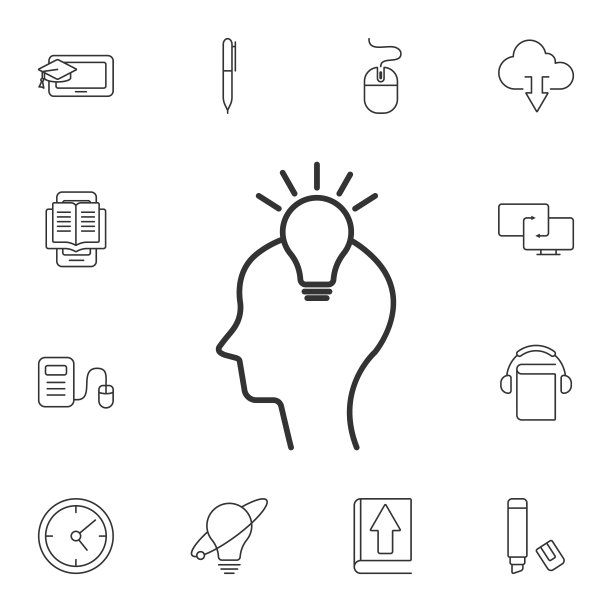 头部与灯泡图标。简单元素说明。头部与灯泡符号设计从生态收集集。可用于网络和手机图片下载