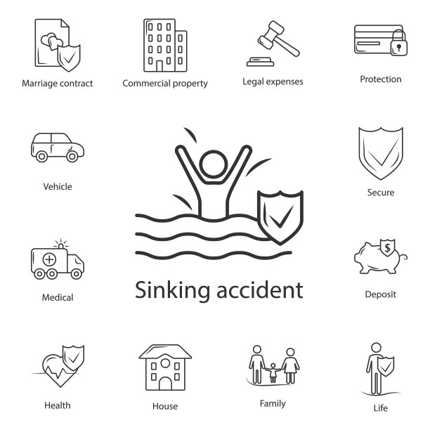 沉没事故保险图标。简单的元素说明。沉没事故保险符号设计从保险收藏集。可以用于网页和移动白色背景图片下载