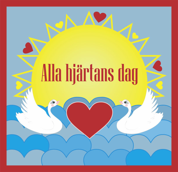 矢量插图情人节与瑞典文本的事件;真主安拉hjartans dag。的心。天鹅，阳光和海浪的心。图片下载