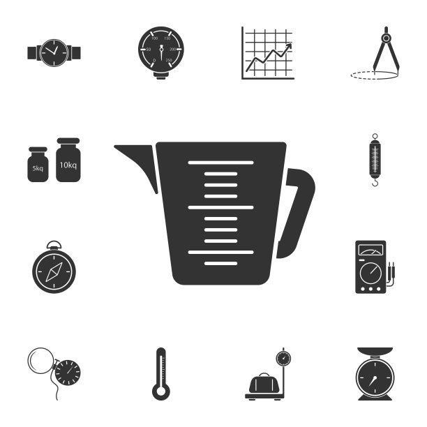 带有尺寸图标的浴室杯子。简单元素说明。浴室杯与测量符号设计测量集合集。可用于网页和手机图片下载