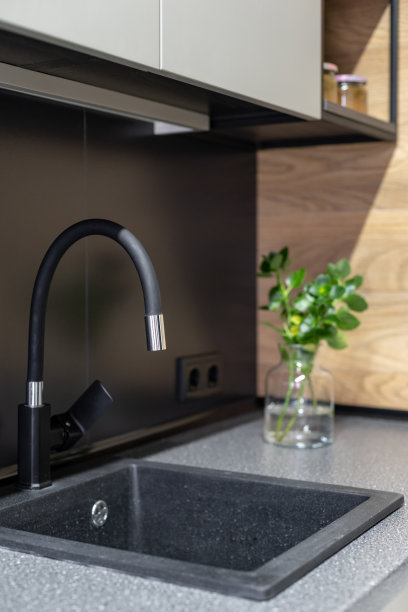 近距离的高档室内垂直照片。酒店房间里舒适厨房里的新水龙头和水槽图片下载