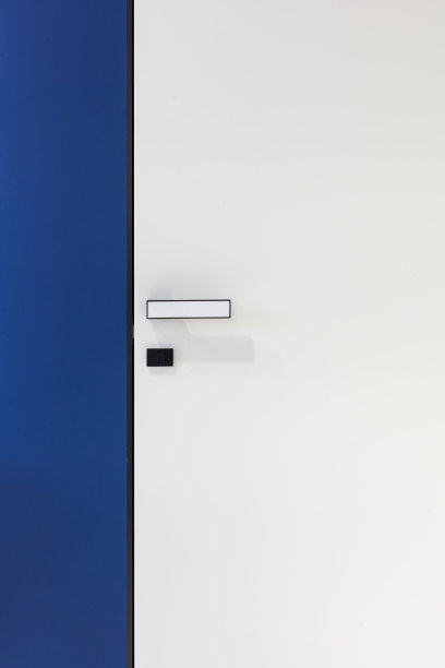蓝色墙壁上的白色现代门。垂直照片的优雅和最小的室内图片下载