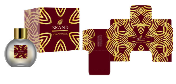 包装设计，化妆品容器上的标签与红色和金色豪华盒模板和模型盒。说明向量。图片下载