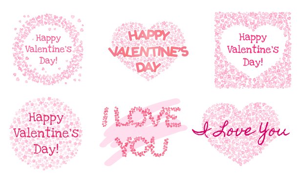 一套可爱的粉色情人节明信片。圆形形状，心形点缀。孤立的可编辑矢量剪辑艺术在白色背景上图片下载