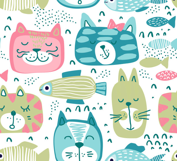 矢量无缝模式与手绘彩色猫脸和图形鱼。图片下载