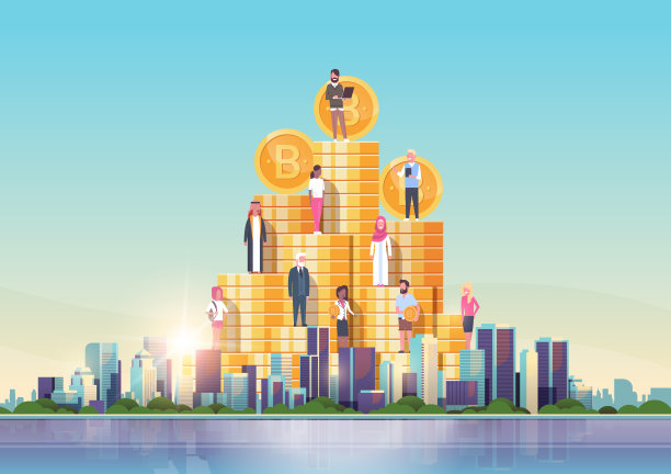 比特币虚拟货币人们站在黄金币堆加密货币采矿概念之上，在大型现代城市建筑摩天大楼城市景观天际线平水平图片下载