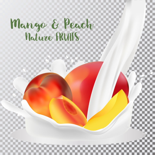 桃子芒果加牛奶。3 d现实的向量图片下载