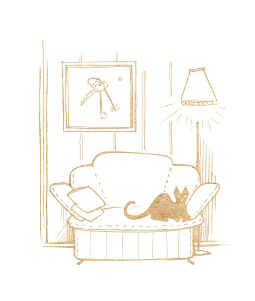 室内的片段:一个有黑猫的沙发，一盏落地灯和一幅画有钥匙链的画。图片下载