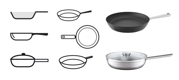 用图标设置真实的煎锅。矢量插图孤立在白色背景。图片下载