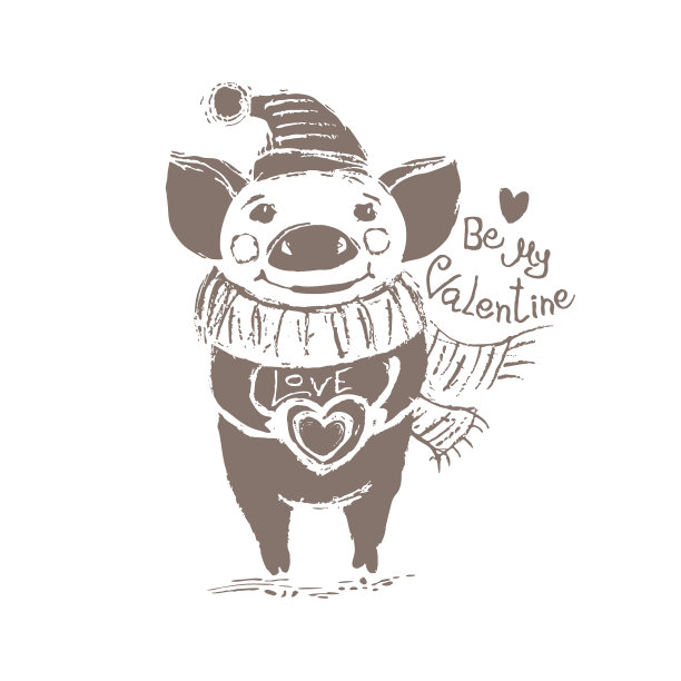 是我的情人。滑稽的卡片上有一只戴着帽子和围巾的猪。可爱的猪给心。图片下载