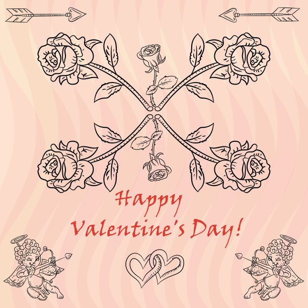 卡片的布局设计风格以儿童涂鸦的情人节花卉玫瑰为主题图片下载