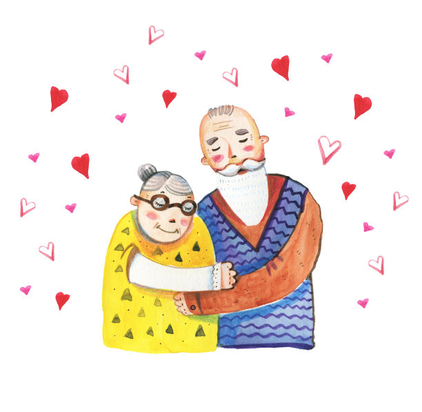 手绘水彩插图情人节与老对与心图片下载