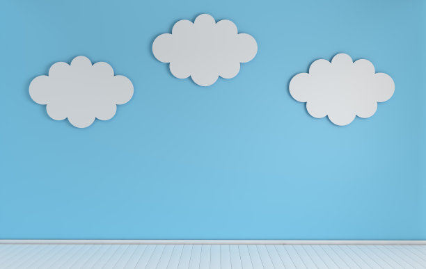 幼儿园室内采用现代纸云装饰。3 d渲染。白色和蓝色。舒适的孩子与空墙的文字图片下载