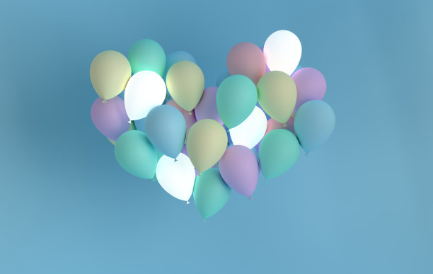 3d实景彩色气球蓝色背景，心形，发光Ð ÑÐ´Ð´ÑÑÑ。情人节浪漫优雅的2月14日卡片。派对，社交媒体宣传横幅，海报。图片下载