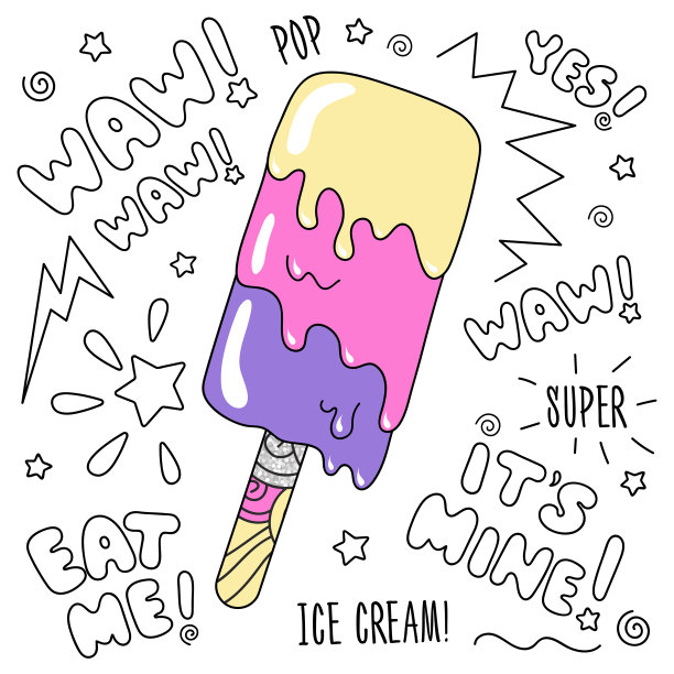 抽象多彩时尚艺术冰淇淋。时装插画，现代风格的服装。为孩子们画衣服，t恤，纺织品和织物或包装。少女的打印。图片下载