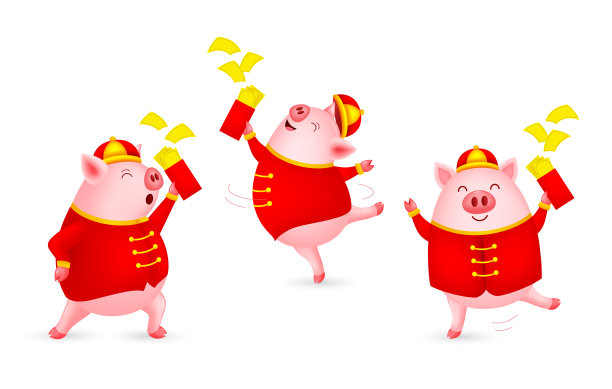 滑稽的卡通猪人物穿着中国服装。图片下载