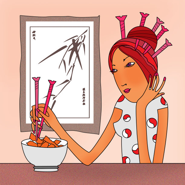 梳着发型的女孩试着用筷子吃饭。图片下载