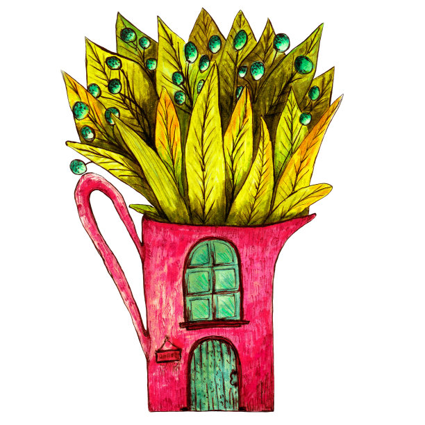 一个罐形的房子，上面种着橙色的植物。图片下载