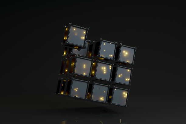3D渲染立方体块在黑色背景与阳光图片下载