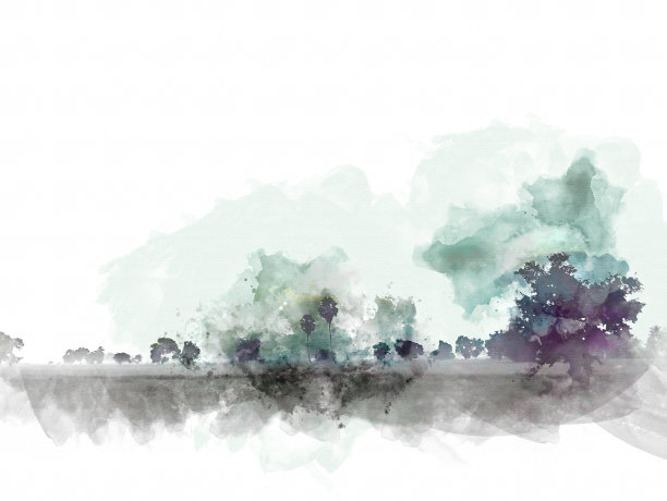 抽象的树木和田野风景的水彩插图绘画背景。图片下载