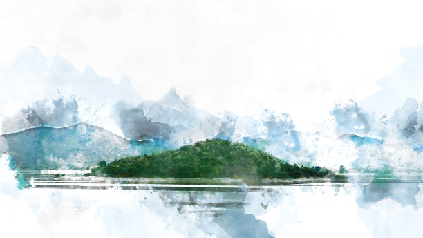 抽象山、山、湖水彩画背景。图片下载