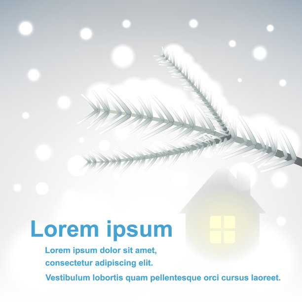 冬天的季节。白雪覆盖的圣诞树，一个有着明亮窗户的房子的剪影和大雪。图片下载