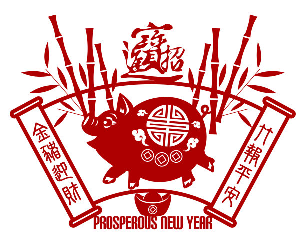 2019年中国猪新年，传统装饰风格的剪纸贺卡。幸运和美好的新年。素材图片