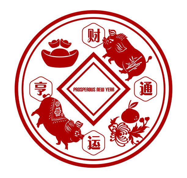 2019年中国猪新年，传统装饰风格的剪纸贺卡。图片下载