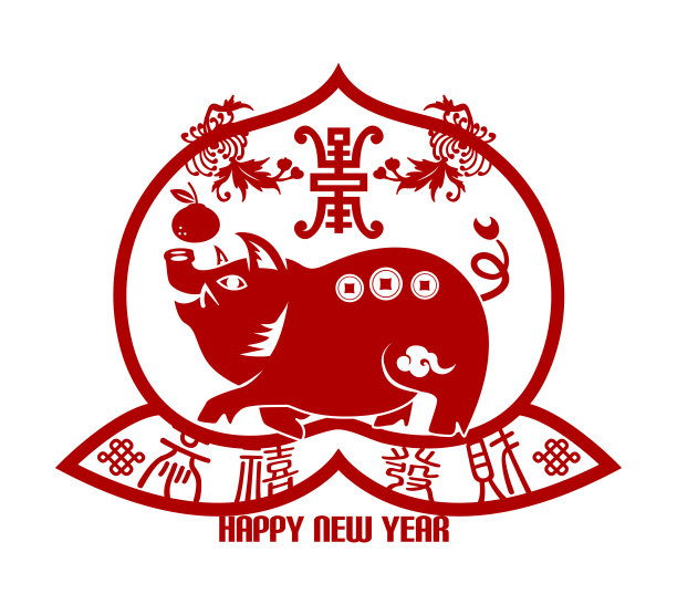 2019年中国猪新年，传统装饰风格的剪纸贺卡。幸运和美好的新年。素材图片