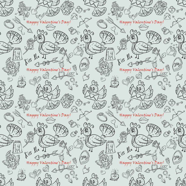 轮廓无缝图案插图_5_在风格上的儿童涂鸦情人节的主题，为设计和背景可以替换图片下载