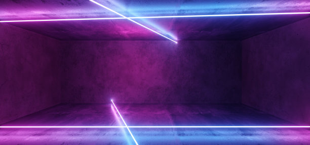 未来科幻复古现代霓虹灯发光交叉形状线管紫色粉色蓝色灯在黑暗的空垃圾混凝土房间背景3D渲染图片下载