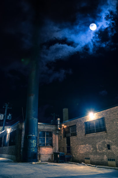 黑暗而诡异的城市小巷，古老的仓库厂房和芝加哥夜晚的月亮图片下载