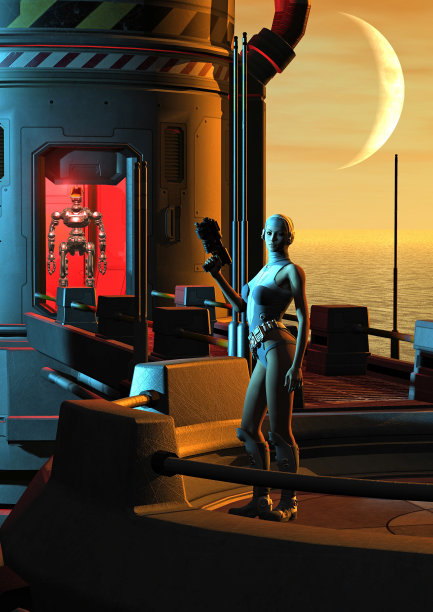 女士兵在降落台上，一个机器人正从太空基地抵达，3d插图图片下载